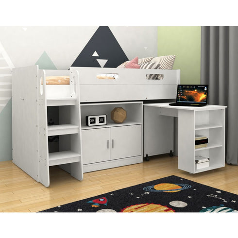 Kidsaw Kudl Storage Mid Sleeper with Desk and Cupboard - White